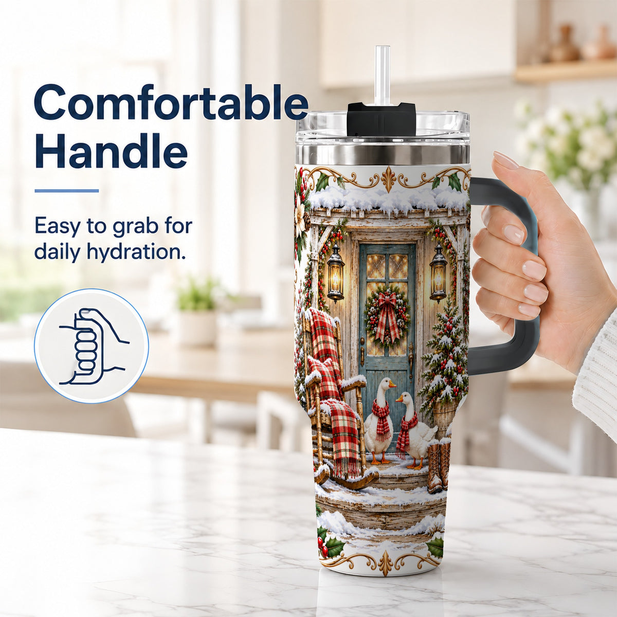 #pl[40oz|Black] Christmas Goose 40oz Tumbler with Handle, Snowy Farmhouse Holiday Art
