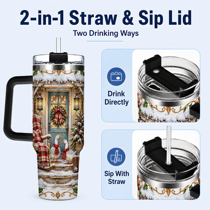 #pl[40oz|Black] Christmas Goose 40oz Tumbler with Handle, Snowy Farmhouse Holiday Art