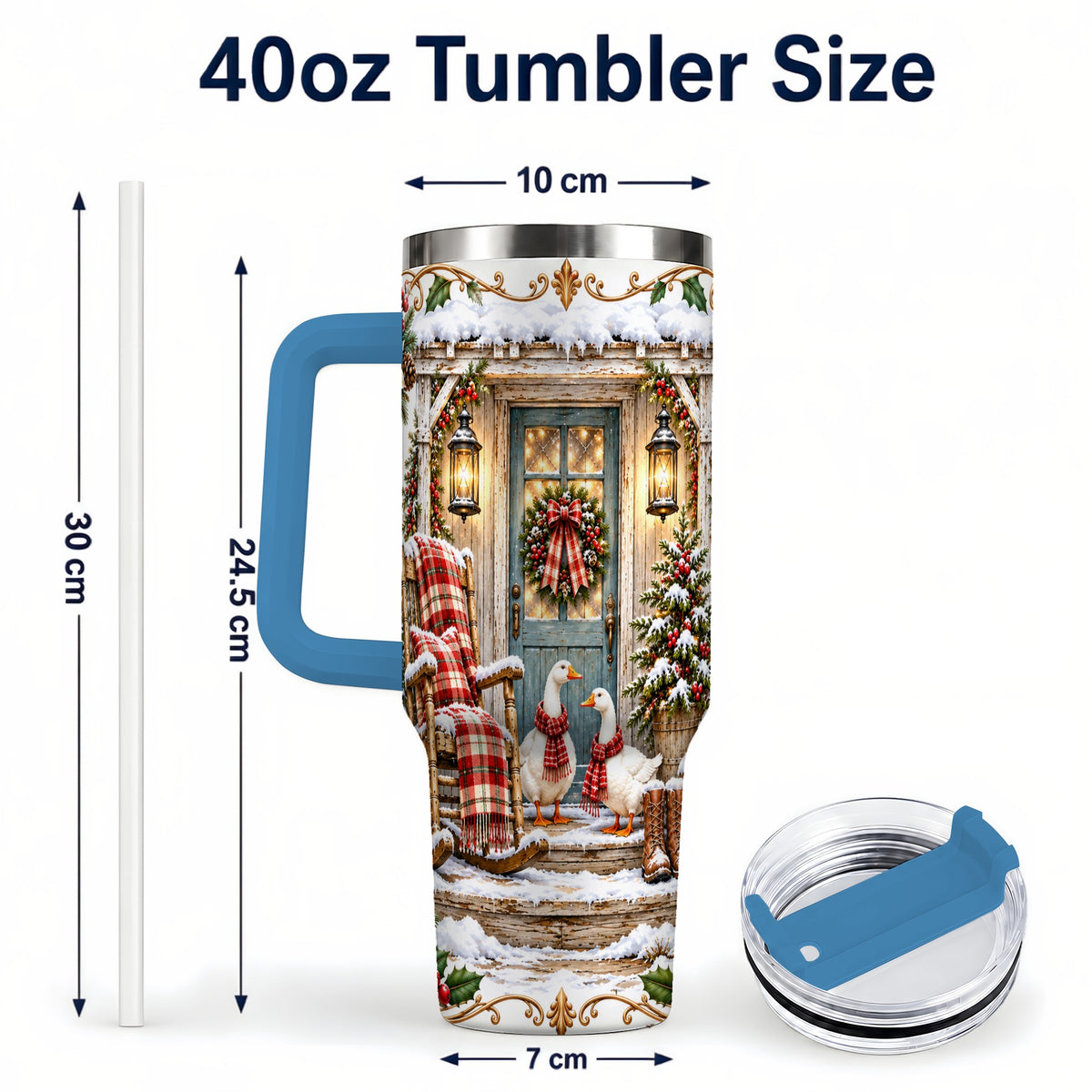 #pl[40oz|Blue] Christmas Goose 40oz Tumbler with Handle, Snowy Farmhouse Holiday Art