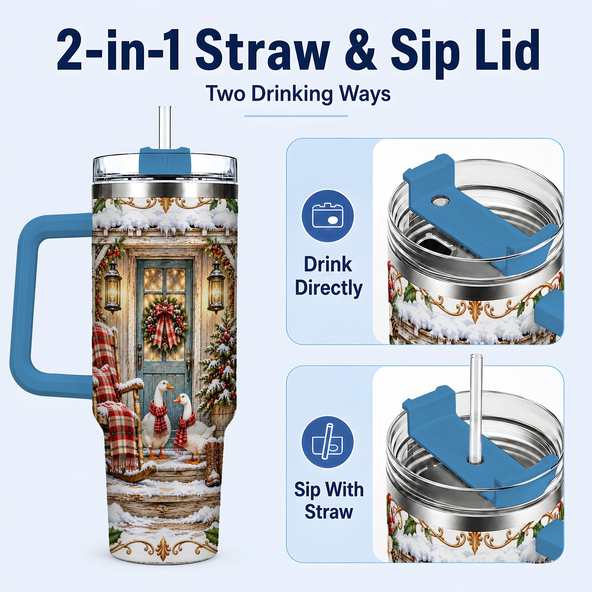 #pl[40oz|Blue] Christmas Goose 40oz Tumbler with Handle, Snowy Farmhouse Holiday Art