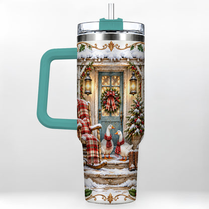 #pl[40oz|Green] Christmas Goose 40oz Tumbler with Handle, Snowy Farmhouse Holiday Art