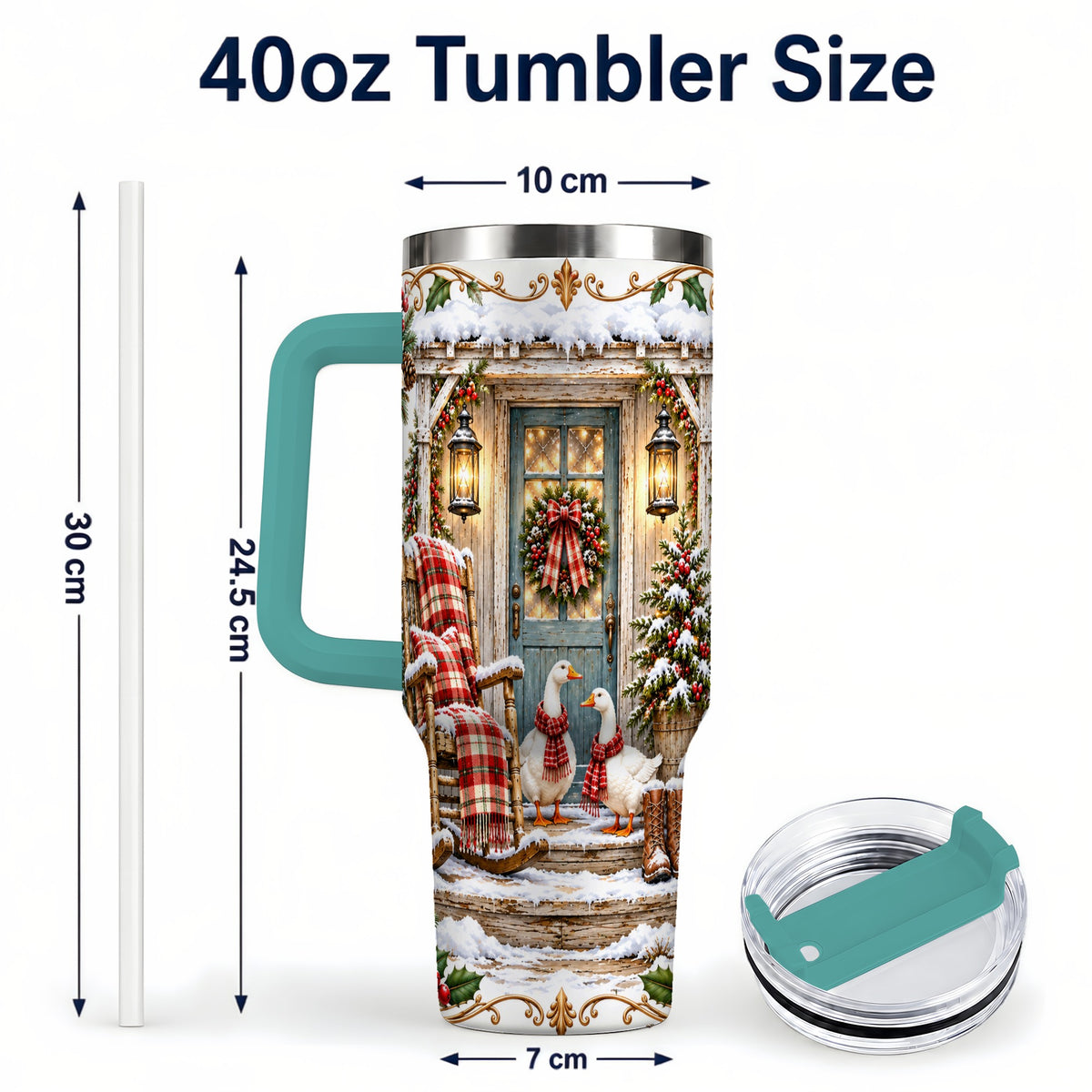 #pl[40oz|Green] Christmas Goose 40oz Tumbler with Handle, Snowy Farmhouse Holiday Art