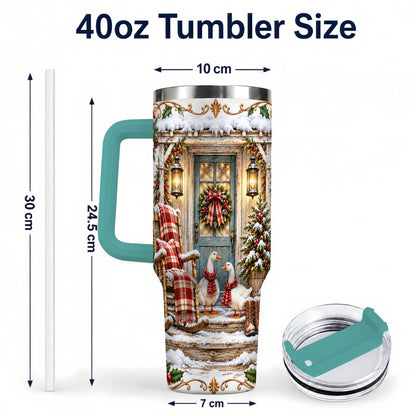 #pl[40oz|Green] Christmas Goose 40oz Tumbler with Handle, Snowy Farmhouse Holiday Art