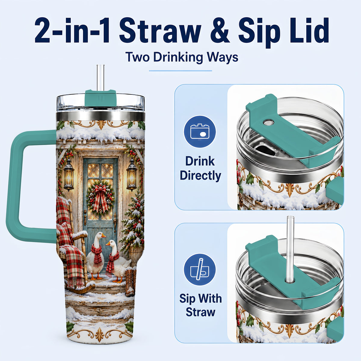 #pl[40oz|Green] Christmas Goose 40oz Tumbler with Handle, Snowy Farmhouse Holiday Art