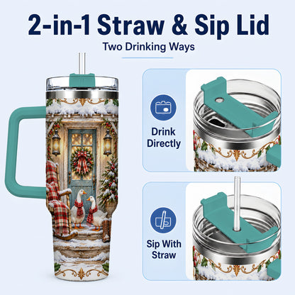 #pl[40oz|Green] Christmas Goose 40oz Tumbler with Handle, Snowy Farmhouse Holiday Art