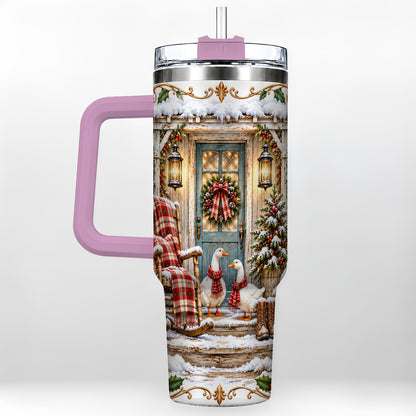 #pl[40oz|Pink] Christmas Goose 40oz Tumbler with Handle, Snowy Farmhouse Holiday Art