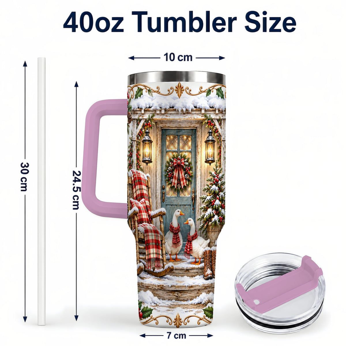 #pl[40oz|Pink] Christmas Goose 40oz Tumbler with Handle, Snowy Farmhouse Holiday Art