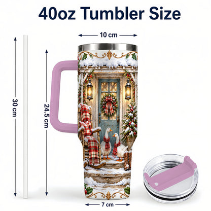 #pl[40oz|Pink] Christmas Goose 40oz Tumbler with Handle, Snowy Farmhouse Holiday Art