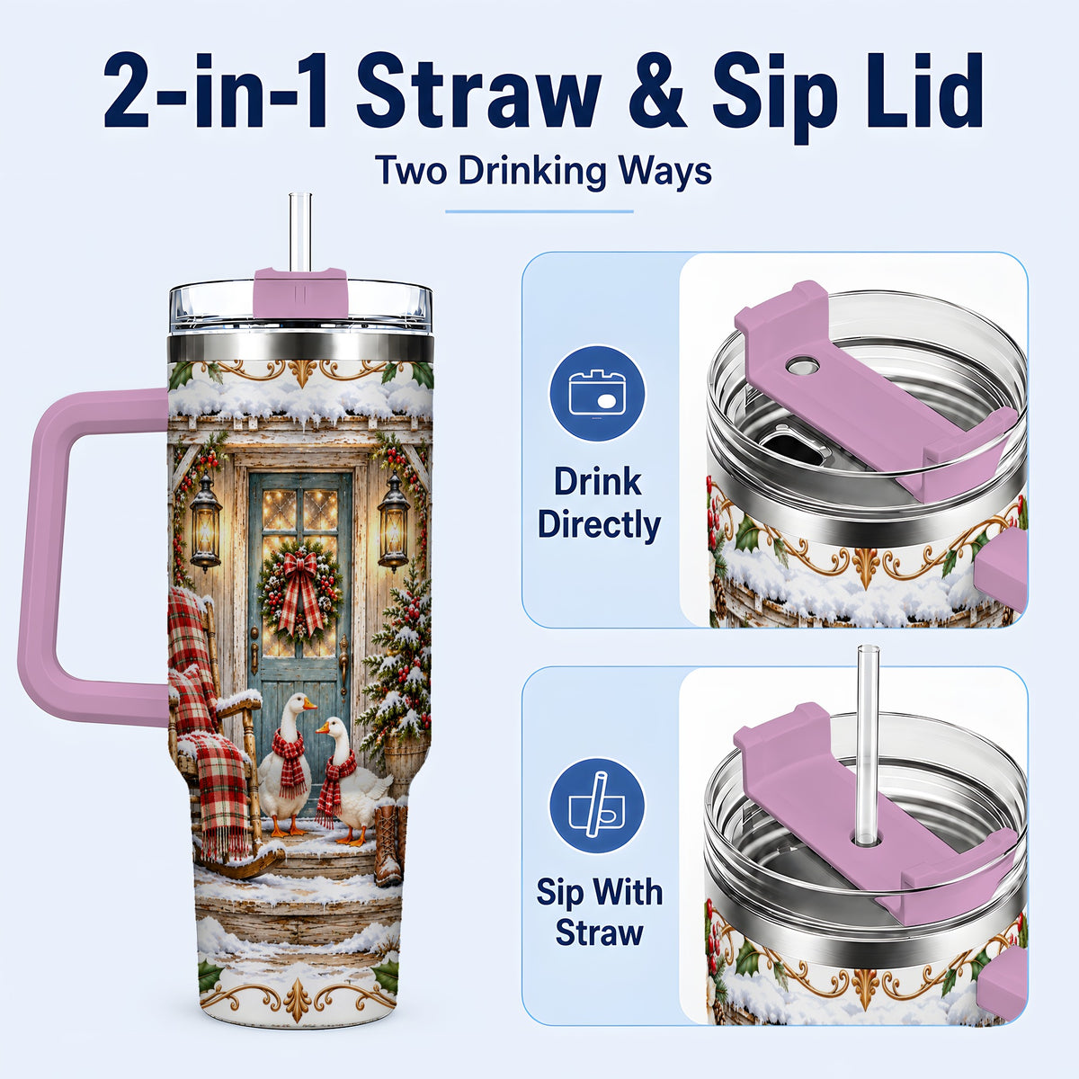 #pl[40oz|Pink] Christmas Goose 40oz Tumbler with Handle, Snowy Farmhouse Holiday Art