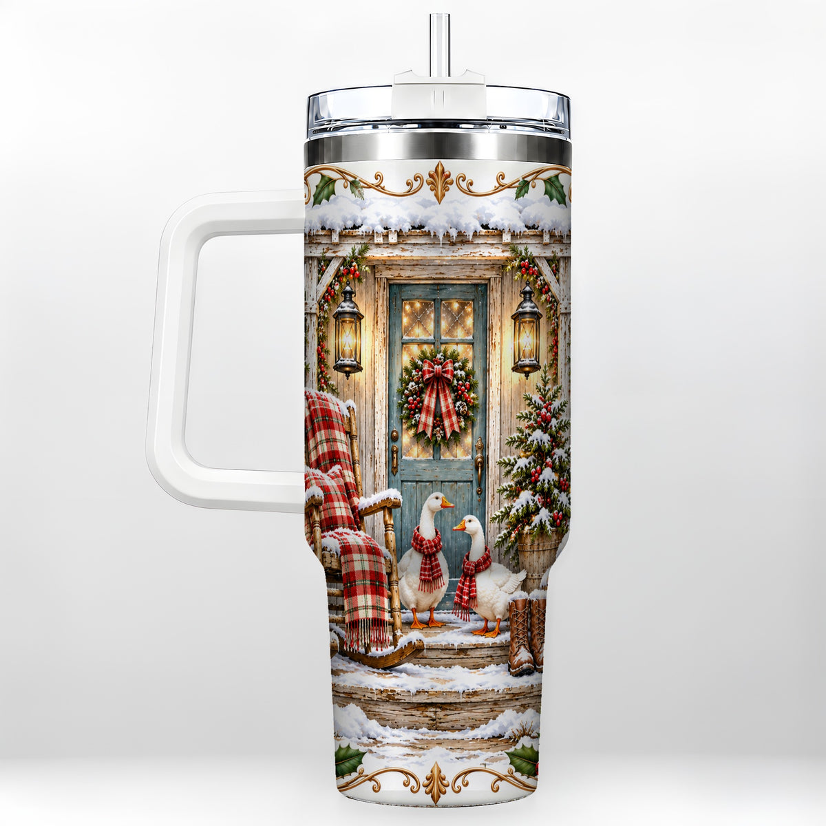 Christmas Goose 40oz Tumbler with Handle, Snowy Farmhouse Holiday Art