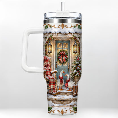 Christmas Goose 40oz Tumbler with Handle, Snowy Farmhouse Holiday Art