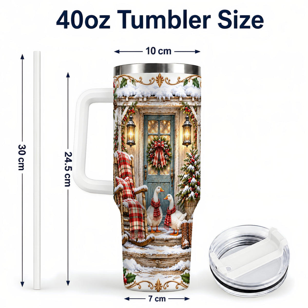 #pl[40oz|White] Christmas Goose 40oz Tumbler with Handle, Snowy Farmhouse Holiday Art