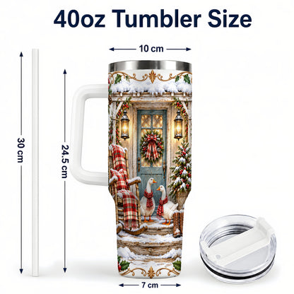 #pl[40oz|White] Christmas Goose 40oz Tumbler with Handle, Snowy Farmhouse Holiday Art