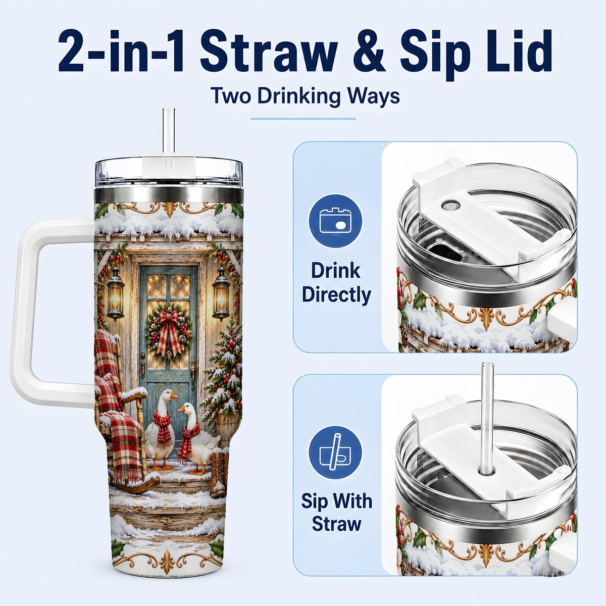 #pl[40oz|White] Christmas Goose 40oz Tumbler with Handle, Snowy Farmhouse Holiday Art