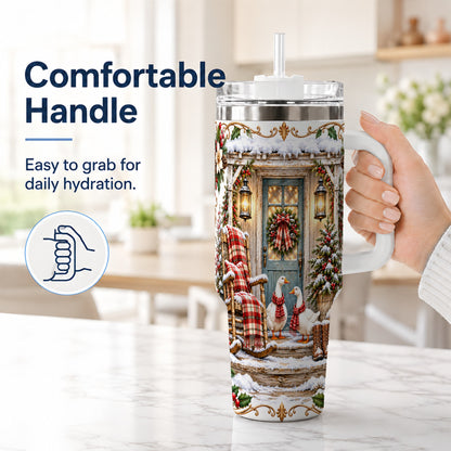 #pl[40oz|White] Christmas Goose 40oz Tumbler with Handle, Snowy Farmhouse Holiday Art