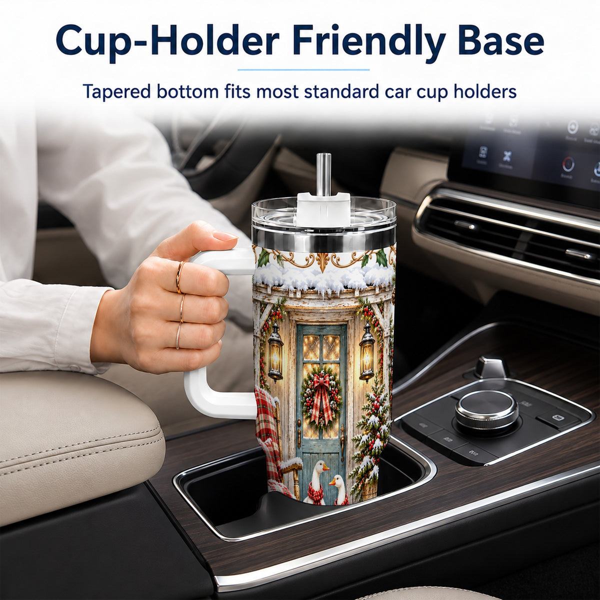Christmas Goose 40oz Tumbler with Handle, Snowy Farmhouse Holiday Art