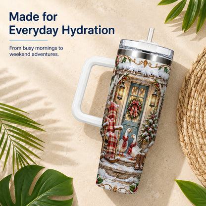 Christmas Goose 40oz Tumbler with Handle, Snowy Farmhouse Holiday Art