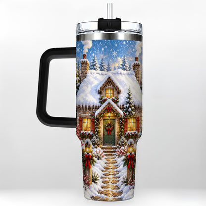 #pl[40oz|Black] Snowy Christmas Cottage 40oz Tumbler with Handle, Winter Woodland Art