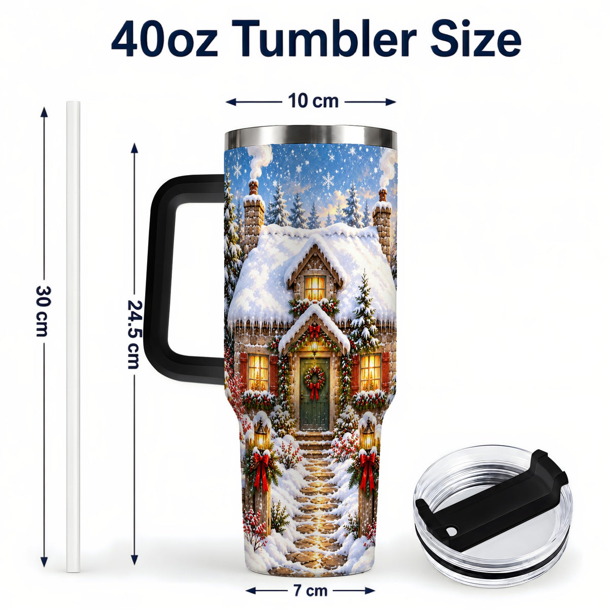 #pl[40oz|Black] Snowy Christmas Cottage 40oz Tumbler with Handle, Winter Woodland Art