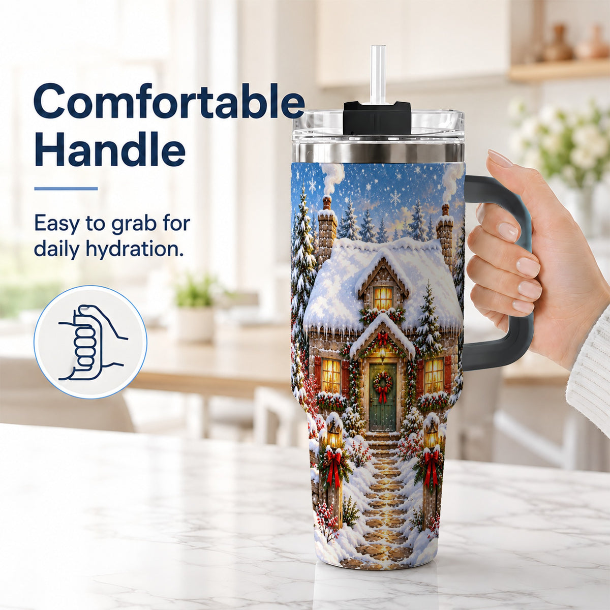 #pl[40oz|Black] Snowy Christmas Cottage 40oz Tumbler with Handle, Winter Woodland Art