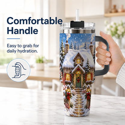 #pl[40oz|Black] Snowy Christmas Cottage 40oz Tumbler with Handle, Winter Woodland Art