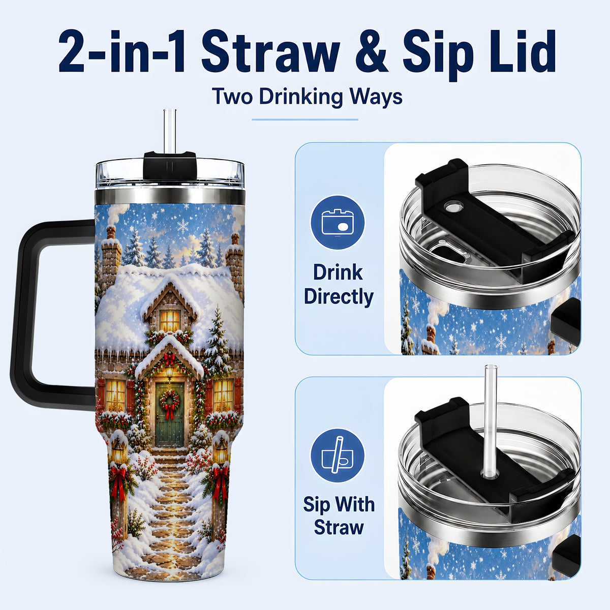#pl[40oz|Black] Snowy Christmas Cottage 40oz Tumbler with Handle, Winter Woodland Art