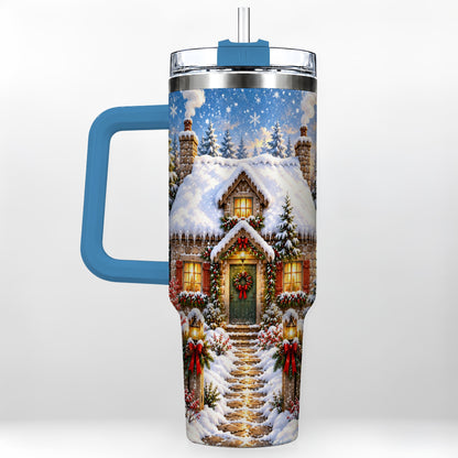 #pl[40oz|Blue] Snowy Christmas Cottage 40oz Tumbler with Handle, Winter Woodland Art