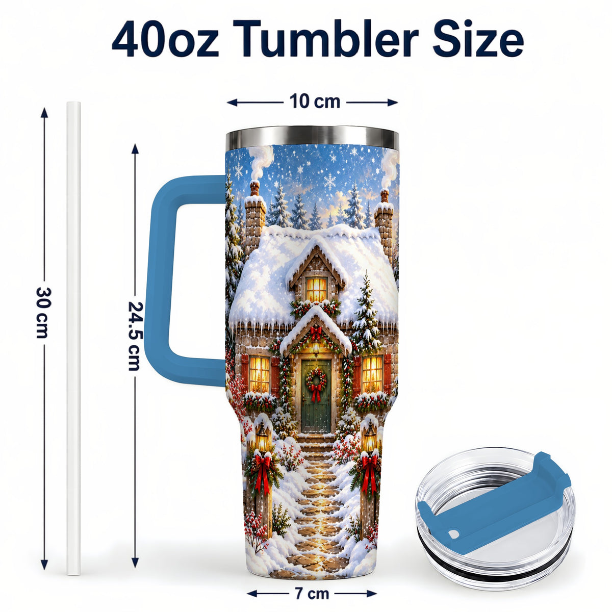#pl[40oz|Blue] Snowy Christmas Cottage 40oz Tumbler with Handle, Winter Woodland Art