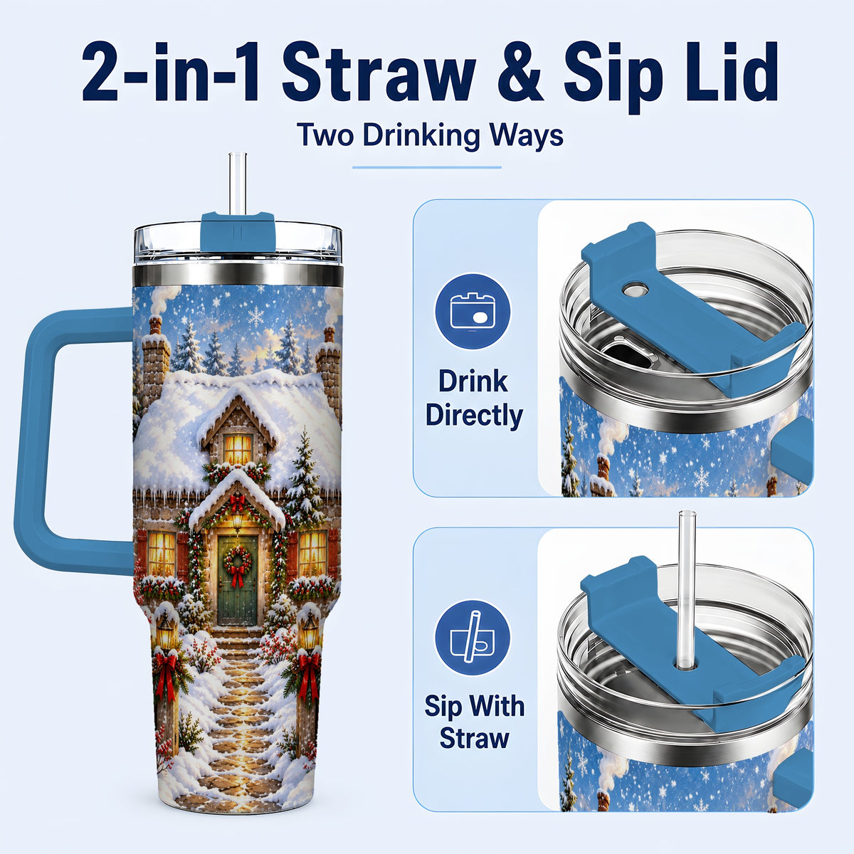 #pl[40oz|Blue] Snowy Christmas Cottage 40oz Tumbler with Handle, Winter Woodland Art