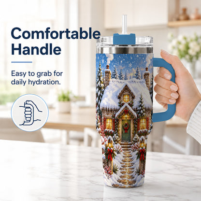 #pl[40oz|Blue] Snowy Christmas Cottage 40oz Tumbler with Handle, Winter Woodland Art