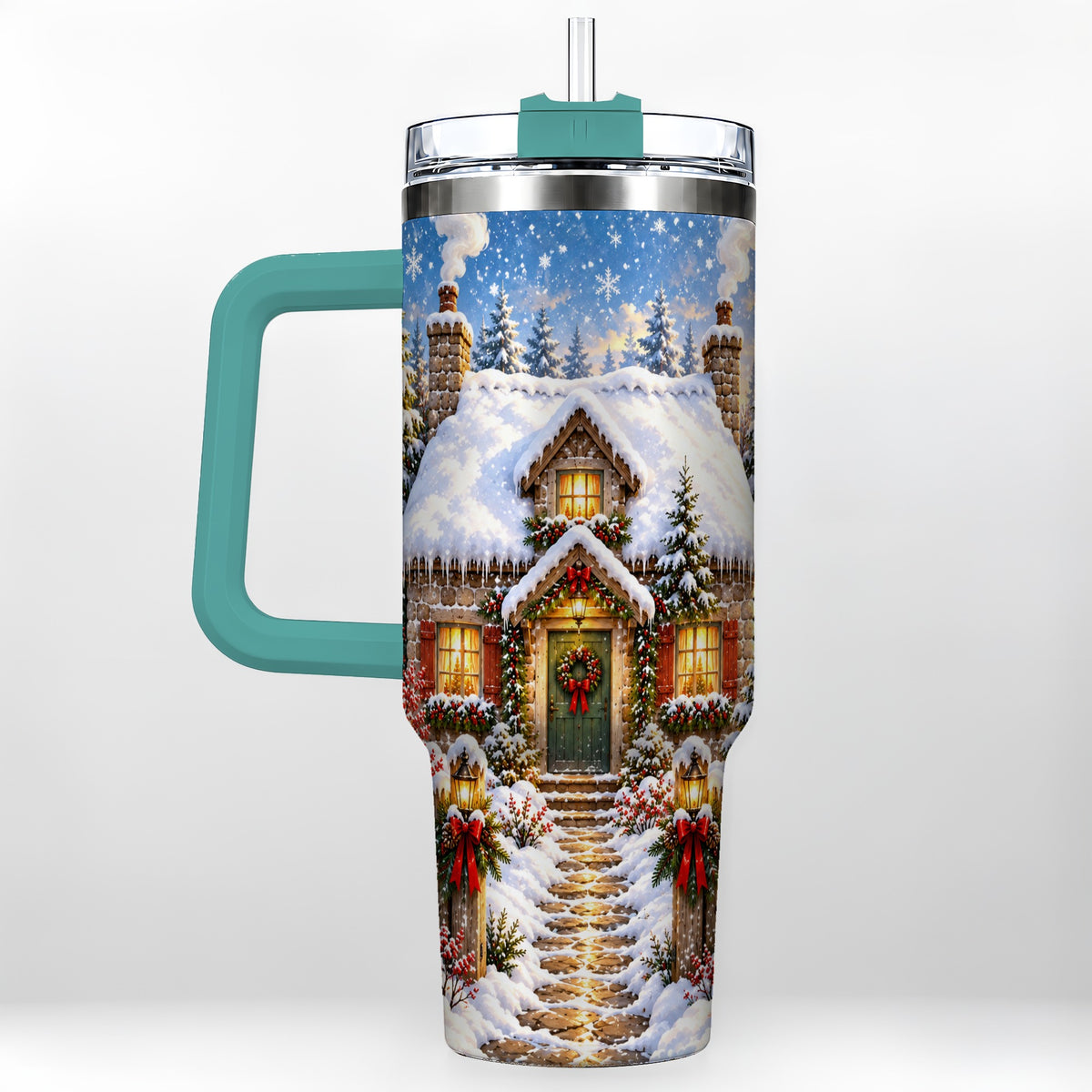 #pl[40oz|Green] Snowy Christmas Cottage 40oz Tumbler with Handle, Winter Woodland Art