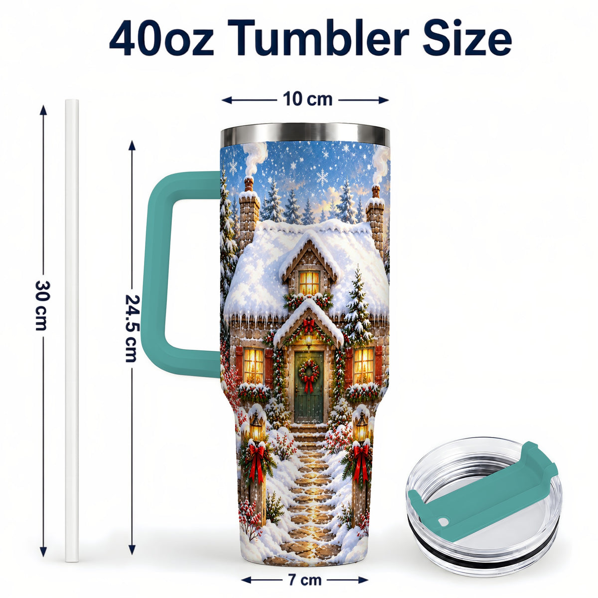 #pl[40oz|Green] Snowy Christmas Cottage 40oz Tumbler with Handle, Winter Woodland Art