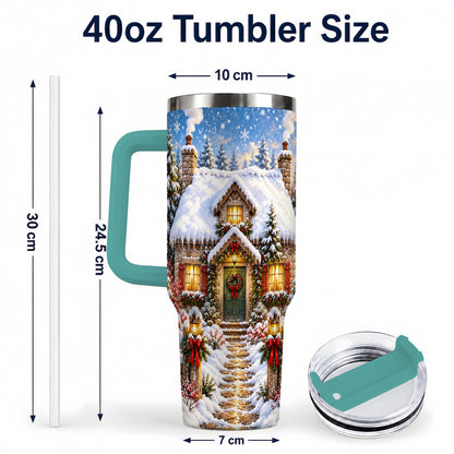 #pl[40oz|Green] Snowy Christmas Cottage 40oz Tumbler with Handle, Winter Woodland Art