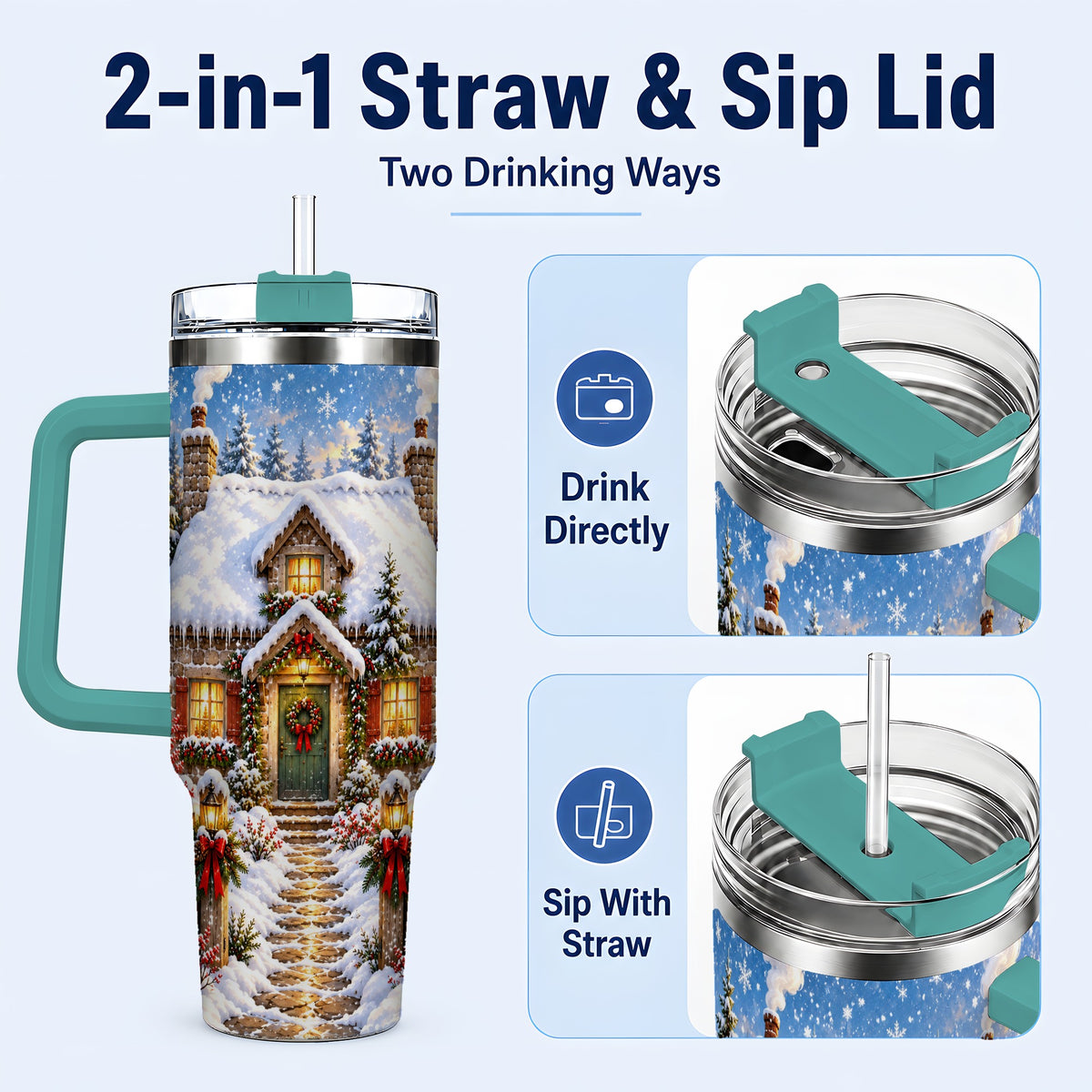 #pl[40oz|Green] Snowy Christmas Cottage 40oz Tumbler with Handle, Winter Woodland Art