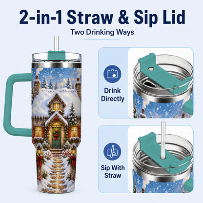#pl[40oz|Green] Snowy Christmas Cottage 40oz Tumbler with Handle, Winter Woodland Art