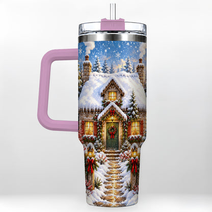 #pl[40oz|Pink] Snowy Christmas Cottage 40oz Tumbler with Handle, Winter Woodland Art