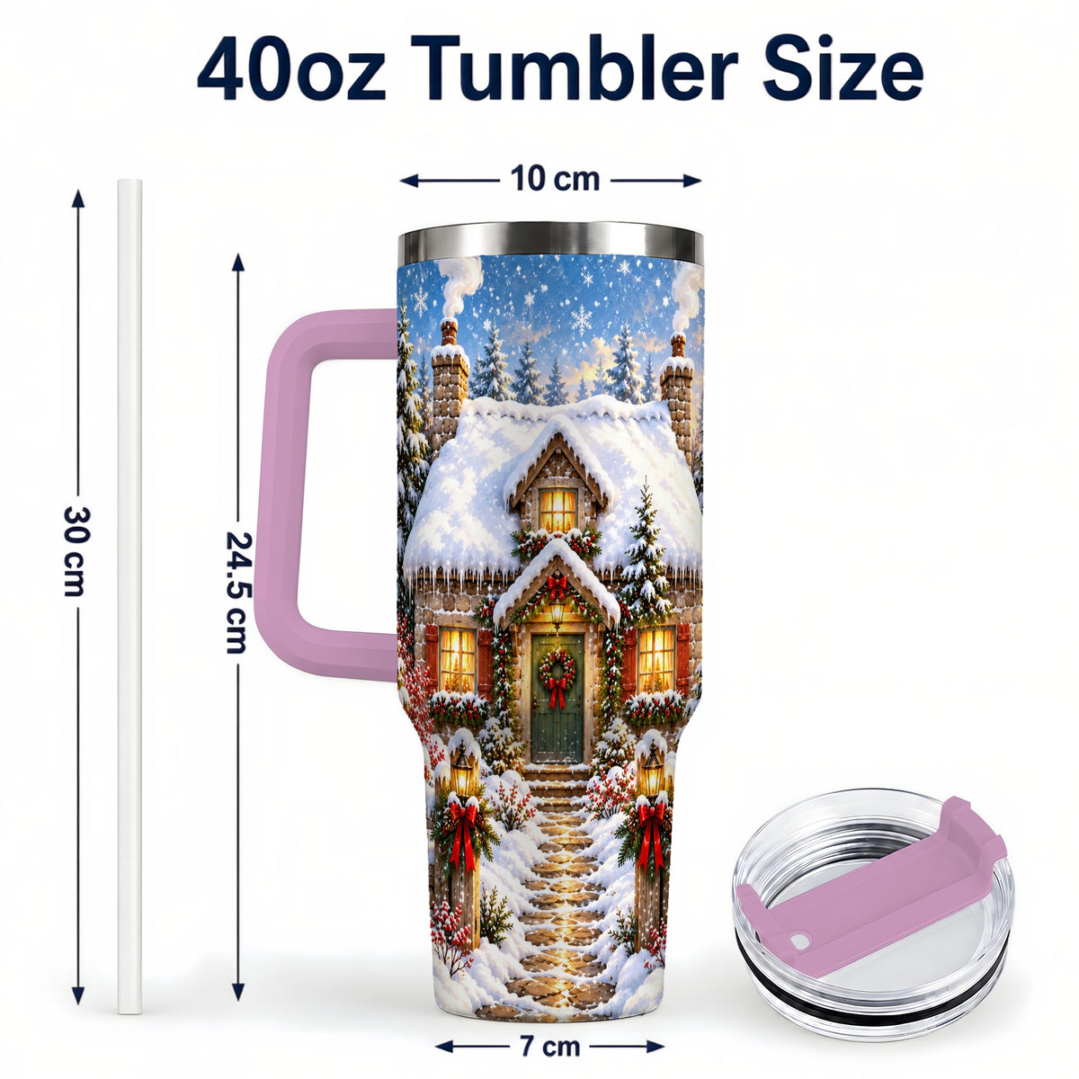 #pl[40oz|Pink] Snowy Christmas Cottage 40oz Tumbler with Handle, Winter Woodland Art