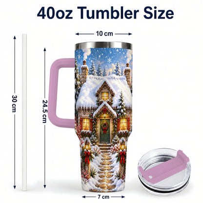 #pl[40oz|Pink] Snowy Christmas Cottage 40oz Tumbler with Handle, Winter Woodland Art