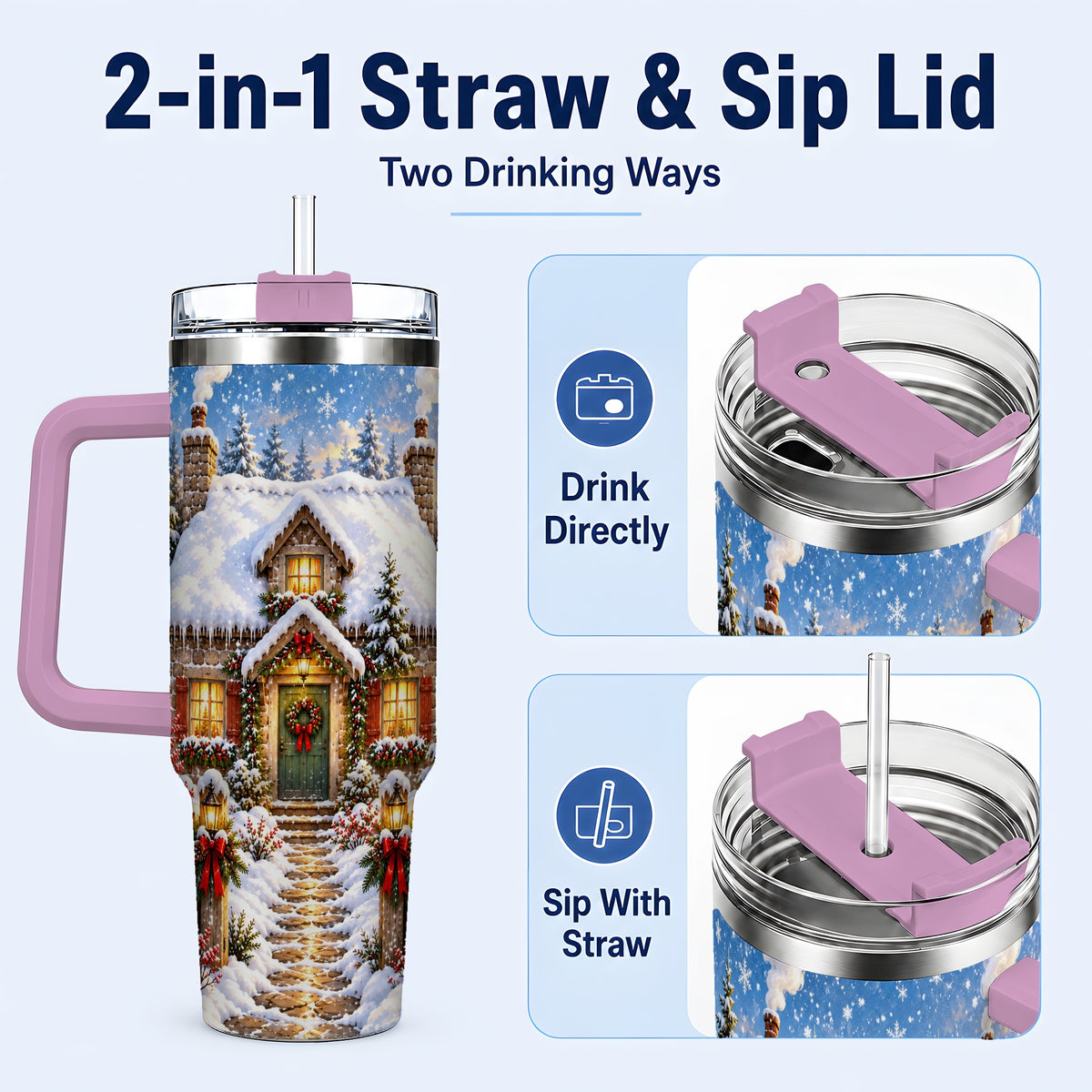 #pl[40oz|Pink] Snowy Christmas Cottage 40oz Tumbler with Handle, Winter Woodland Art