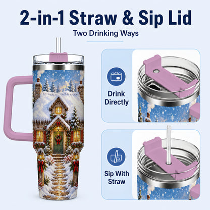 #pl[40oz|Pink] Snowy Christmas Cottage 40oz Tumbler with Handle, Winter Woodland Art