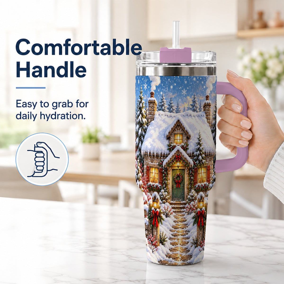 #pl[40oz|Pink] Snowy Christmas Cottage 40oz Tumbler with Handle, Winter Woodland Art