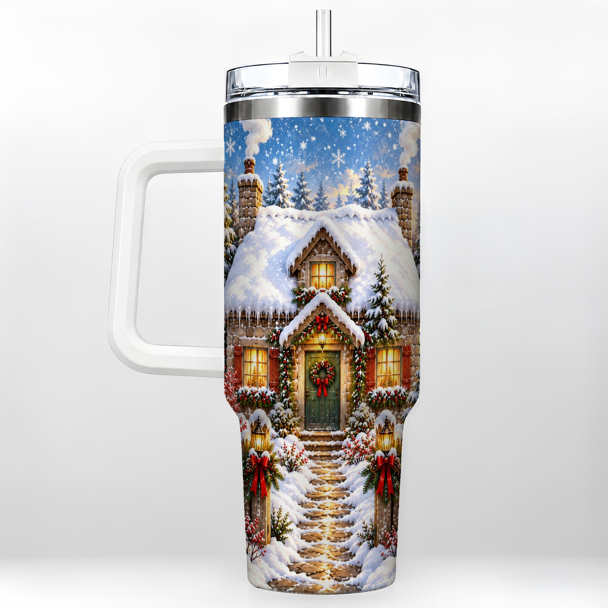 Snowy Christmas Cottage 40oz Tumbler with Handle, Winter Woodland Art