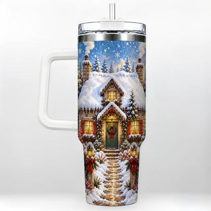 Snowy Christmas Cottage 40oz Tumbler with Handle, Winter Woodland Art