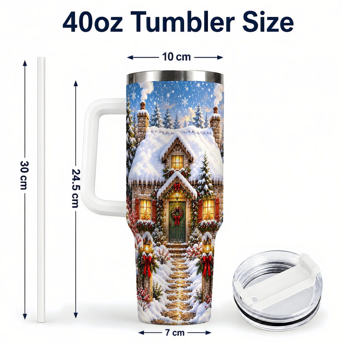 #pl[40oz|White] Snowy Christmas Cottage 40oz Tumbler with Handle, Winter Woodland Art