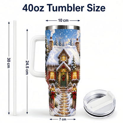 #pl[40oz|White] Snowy Christmas Cottage 40oz Tumbler with Handle, Winter Woodland Art