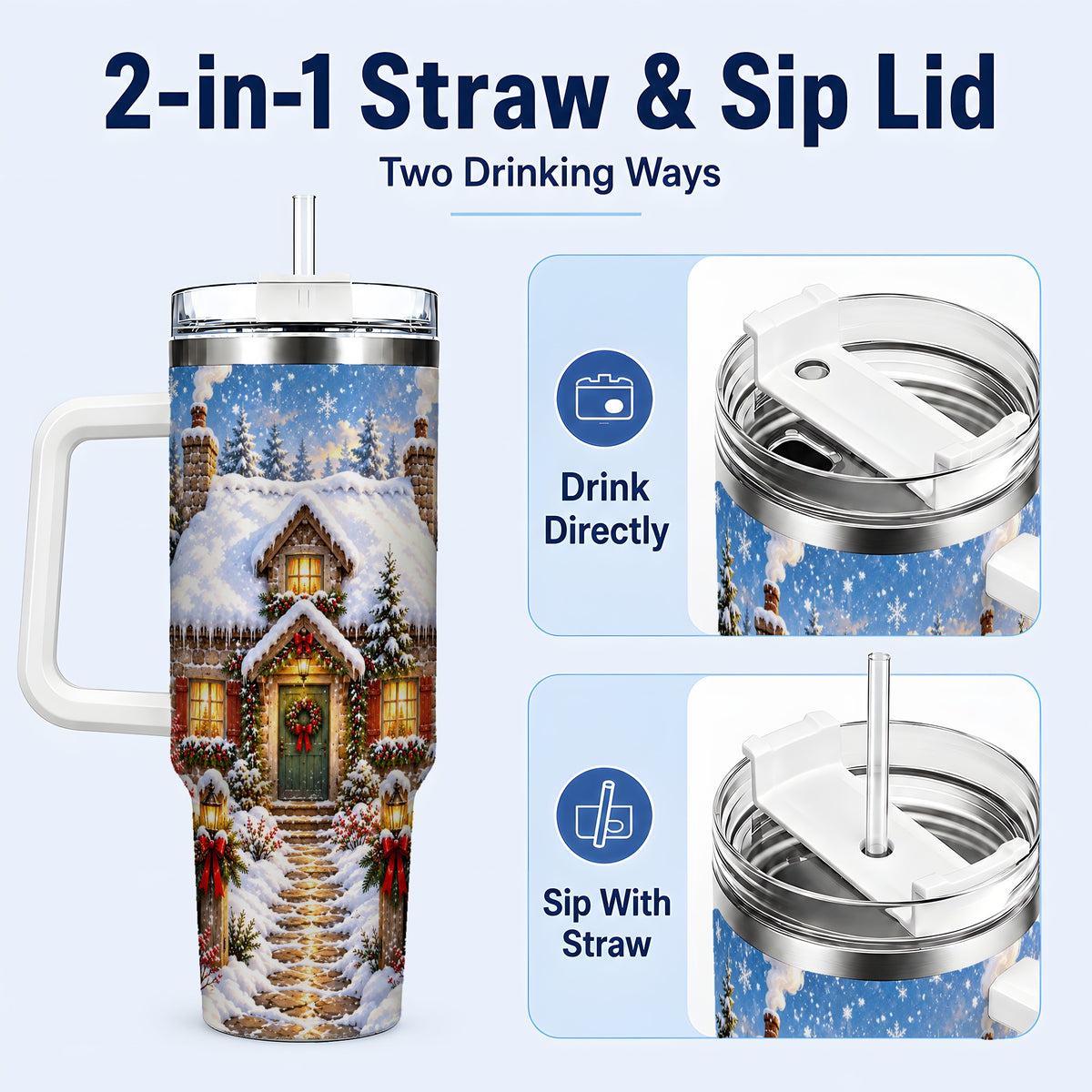 #pl[40oz|White] Snowy Christmas Cottage 40oz Tumbler with Handle, Winter Woodland Art