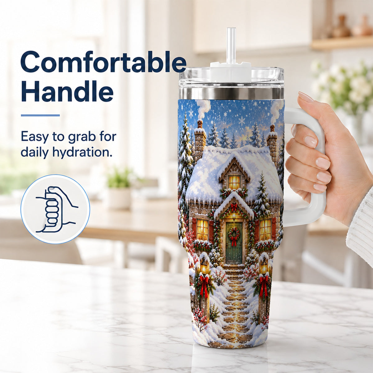 #pl[40oz|White] Snowy Christmas Cottage 40oz Tumbler with Handle, Winter Woodland Art