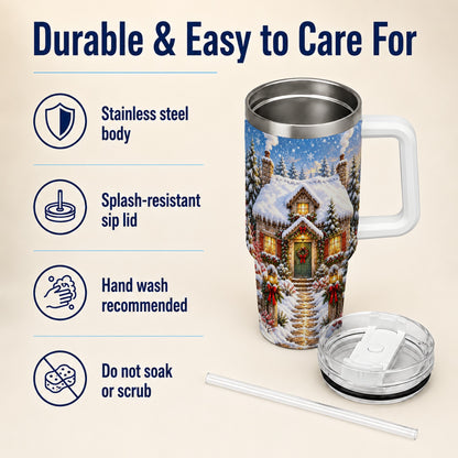 Snowy Christmas Cottage 40oz Tumbler with Handle, Winter Woodland Art