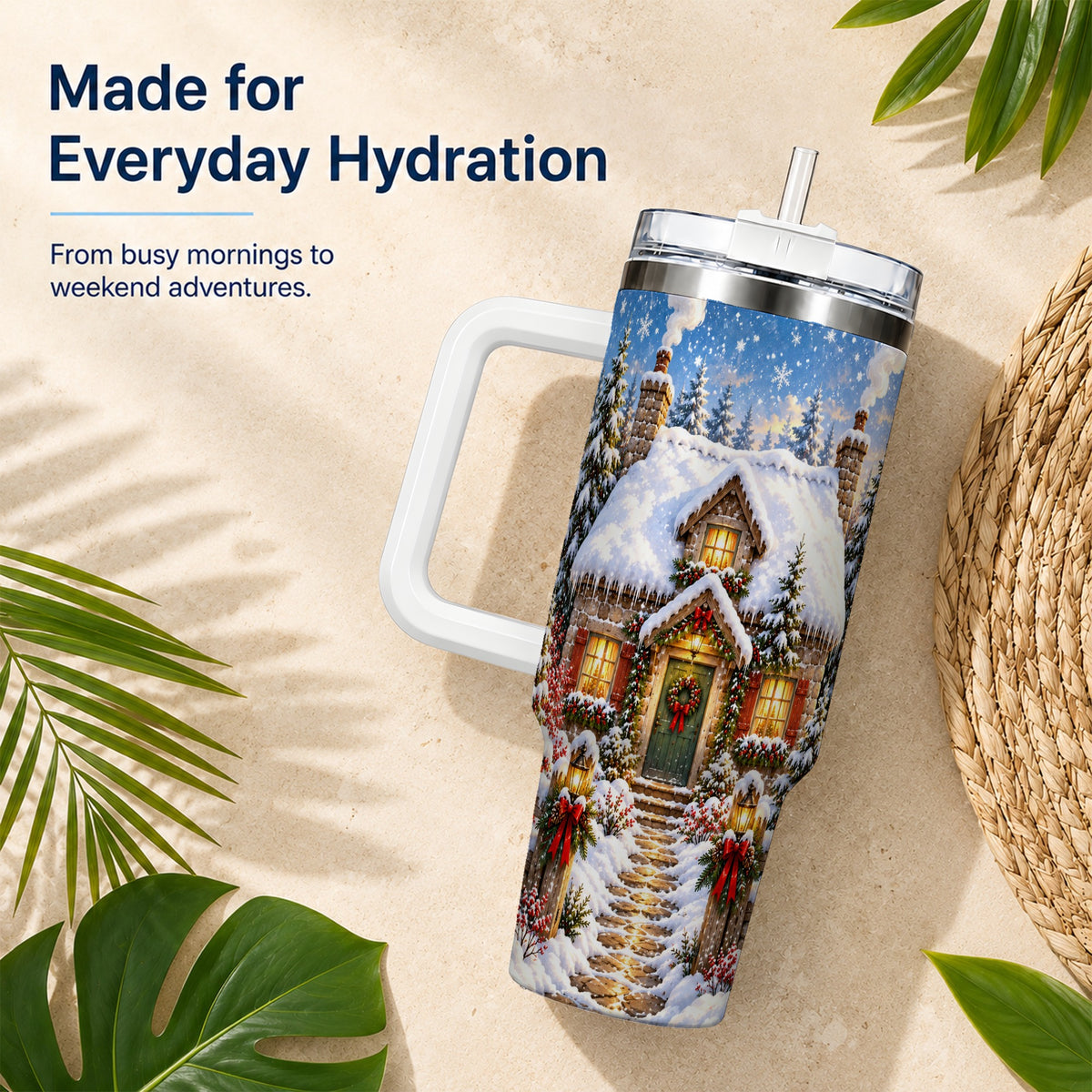 Snowy Christmas Cottage 40oz Tumbler with Handle, Winter Woodland Art