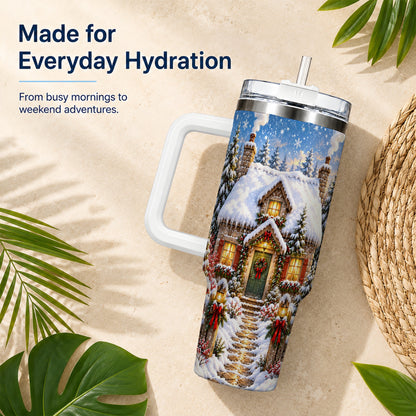 Snowy Christmas Cottage 40oz Tumbler with Handle, Winter Woodland Art